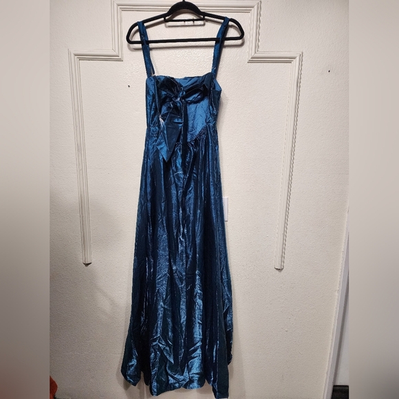 Lulus Immaculate Aura Shiny Dark Teal Taffeta Maxi Dress With Pockets S Wedding - Picture 9 of 11